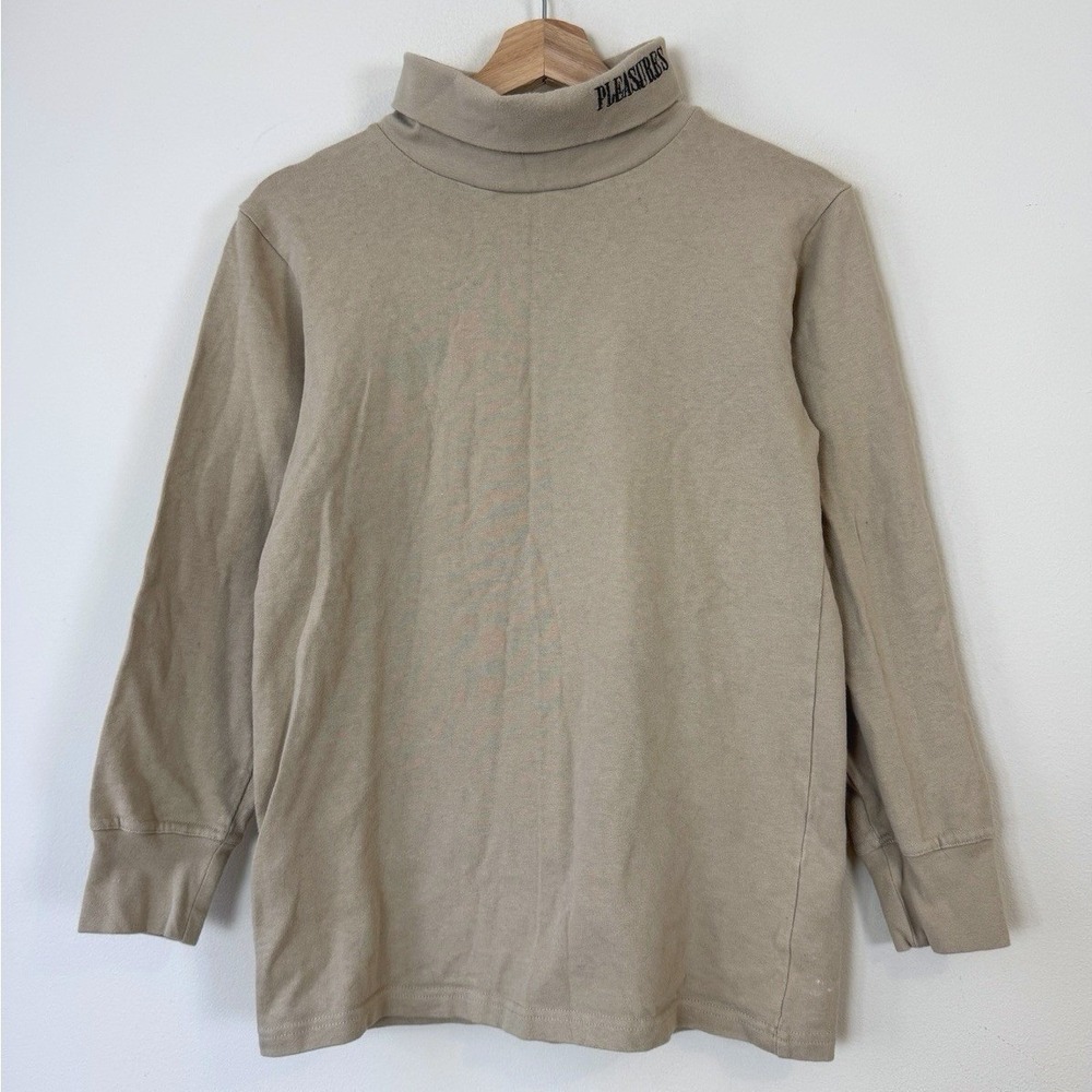 Pleasures Streetwear Embroidered Logo Beige Turtle Neck Long Sleeve Tee Shirt